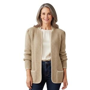 VTG‎ 1980s Adele Joyce Womens Grandmacore Coastal Boucle Knit Oatmeal Cardigan L